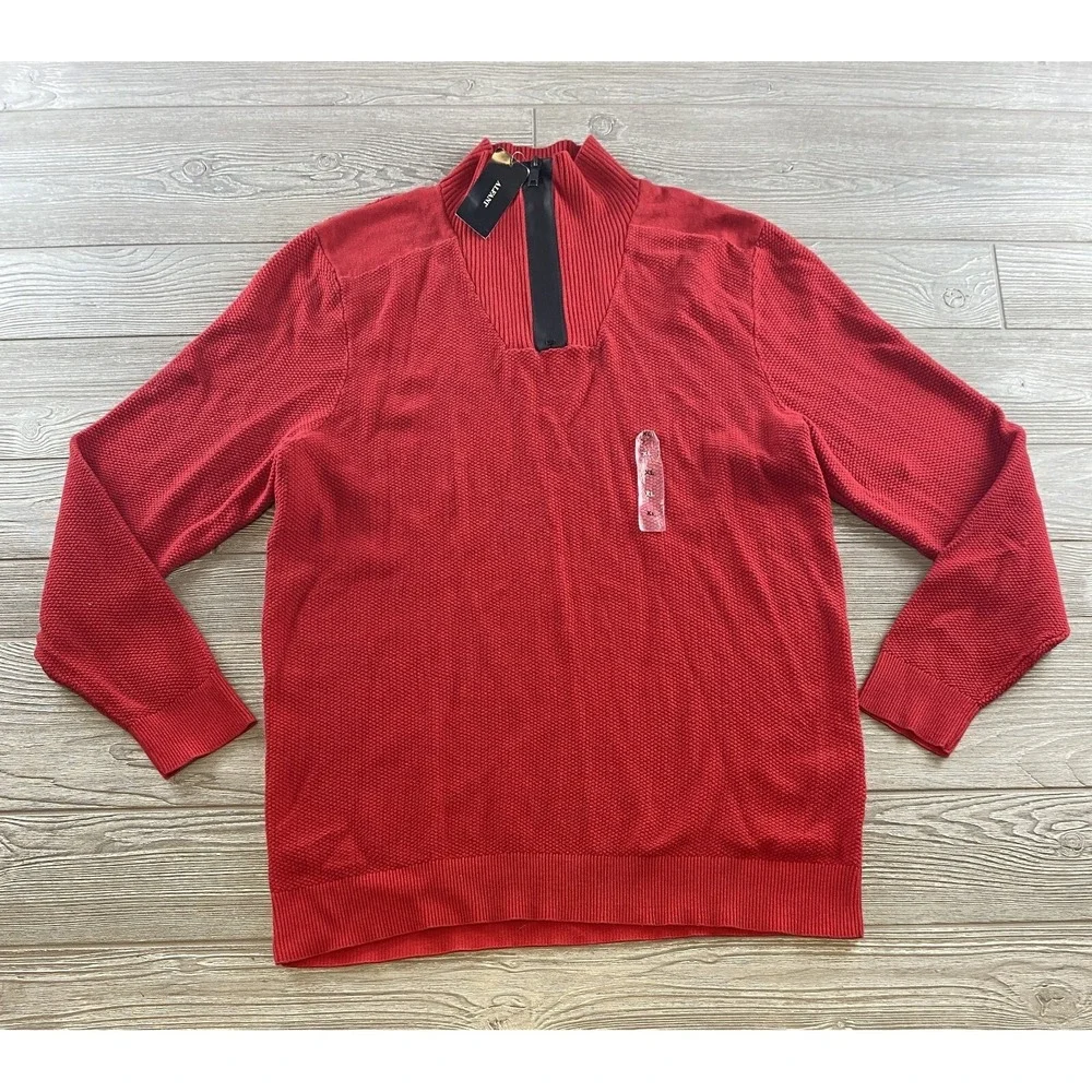 Alfani Red Cotton 1/4 Zip Mock Neck Pullover Sweater Mens X-Large MSRP $60 NWT .